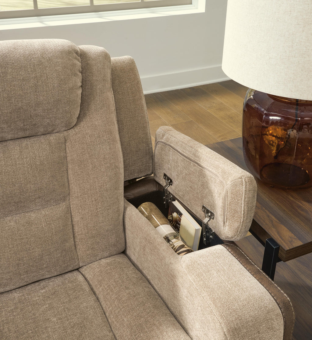 Mixed Motion Power Reclining Loveseat with Console in Brownstone, detail view