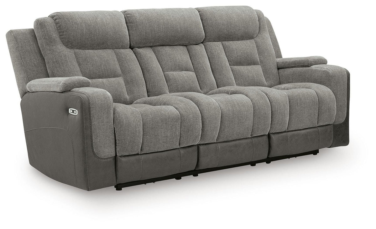 Mixed Motion Power Reclining Sofa in Shadow, closed view
