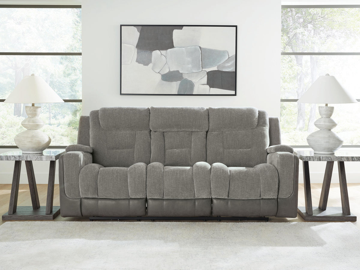 Mixed Motion Power Reclining Sofa in Shadow, closed view