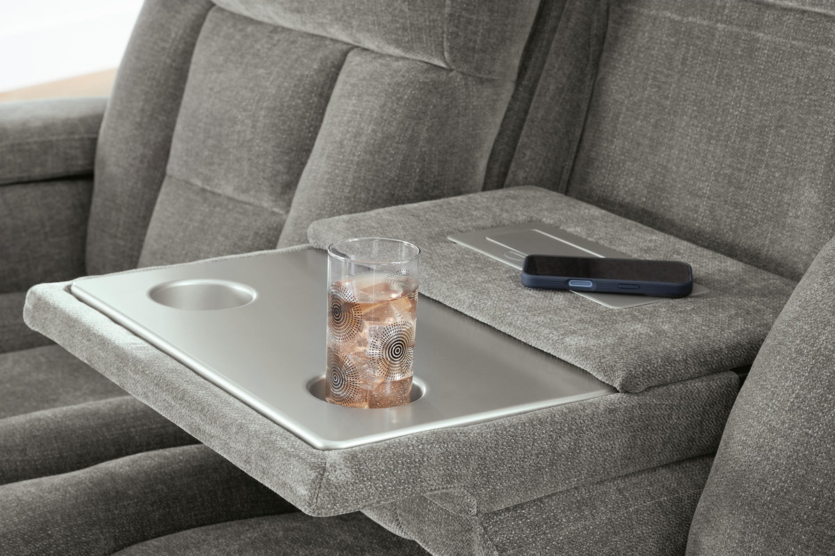 Mixed Motion Power Reclining Sofa in Shadow, detail view