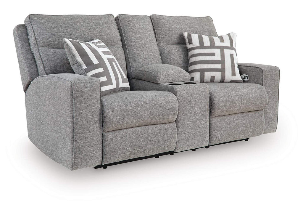 Biscoe Power Reclining Loveseat with Console angled view