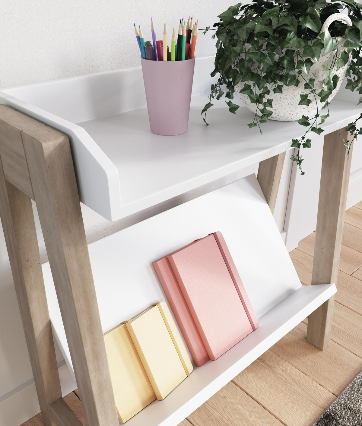 Blariden Small Bookcase in White/Tan, detail view