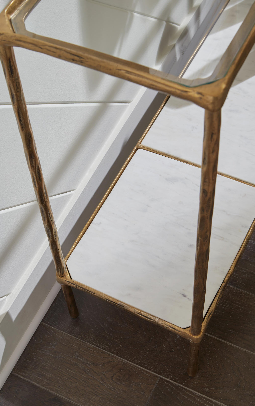 Ryandale Console Sofa Table in Antique Brass Finish, detail view
