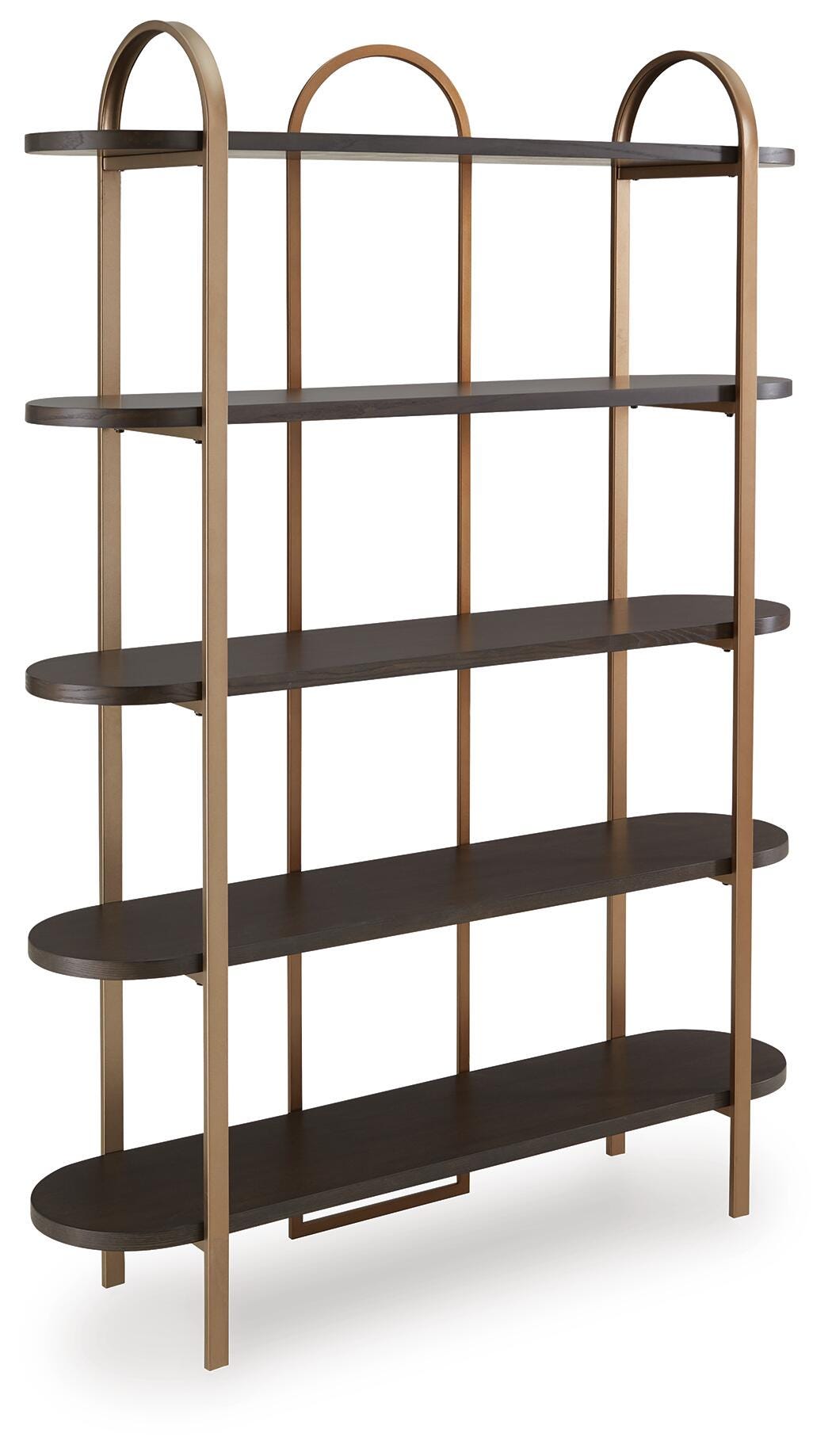 Brentmour Bookcase in Brown/Gold Finish, angle view