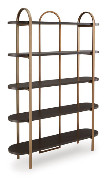 Brentmour Bookcase in Brown/Gold Finish, angle view