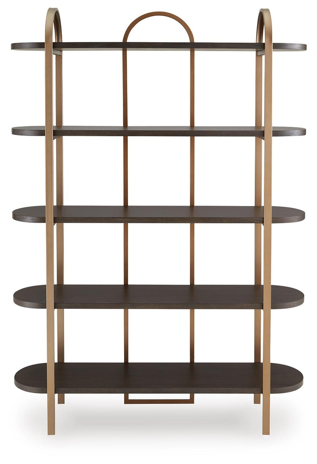 Brentmour Bookcase in Brown/Gold Finish, front view