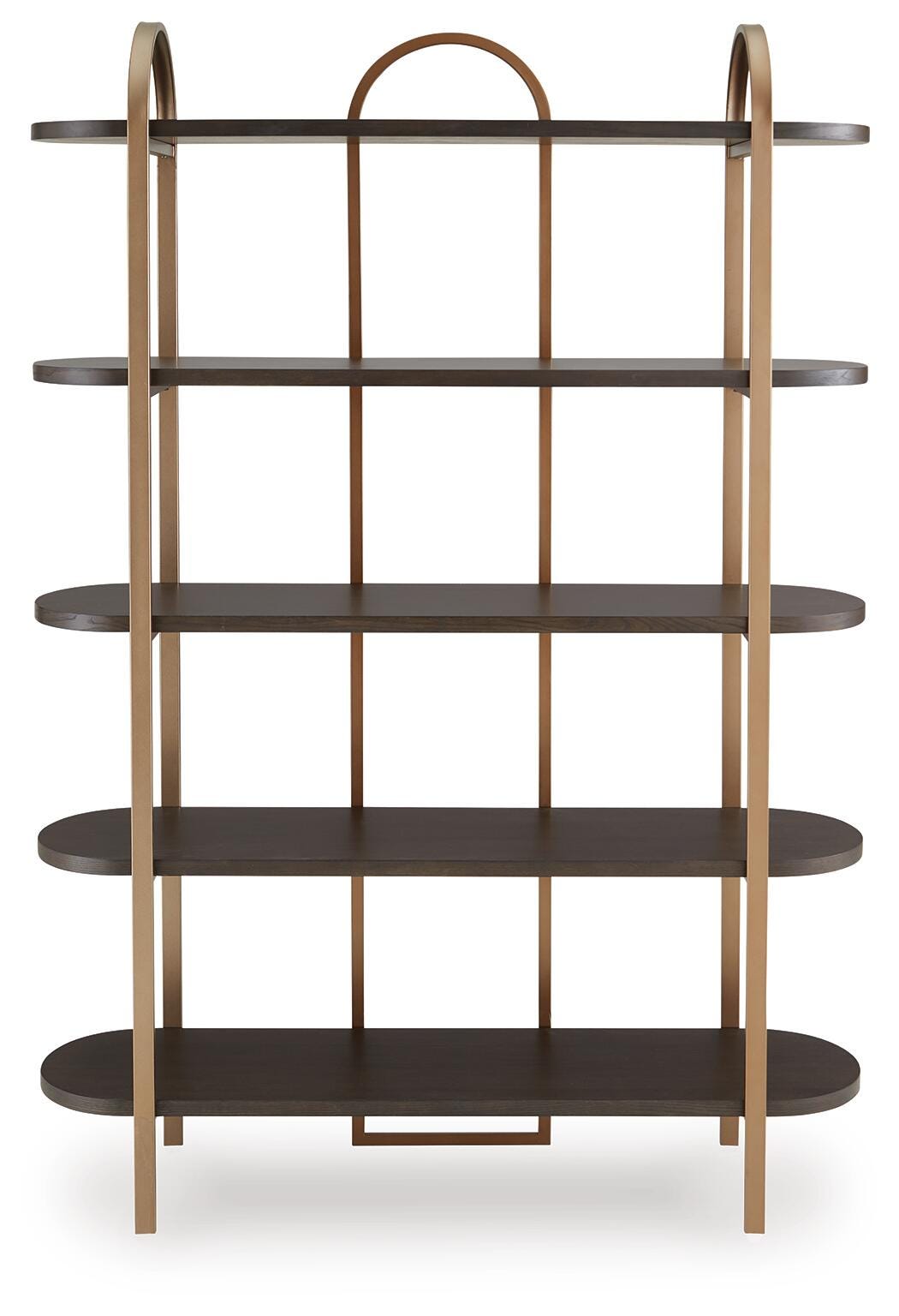 Brentmour Bookcase in Brown/Gold Finish, front view