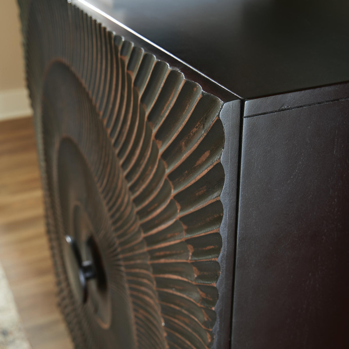 Fosterman Accent Cabinet in Distressed Black, detail view