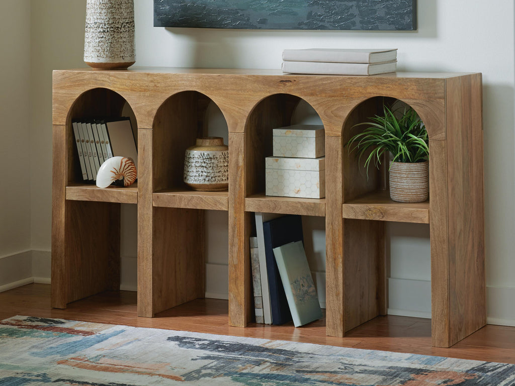 Luzmanacy Console Sofa Table in Natural Brown, lifestyle view