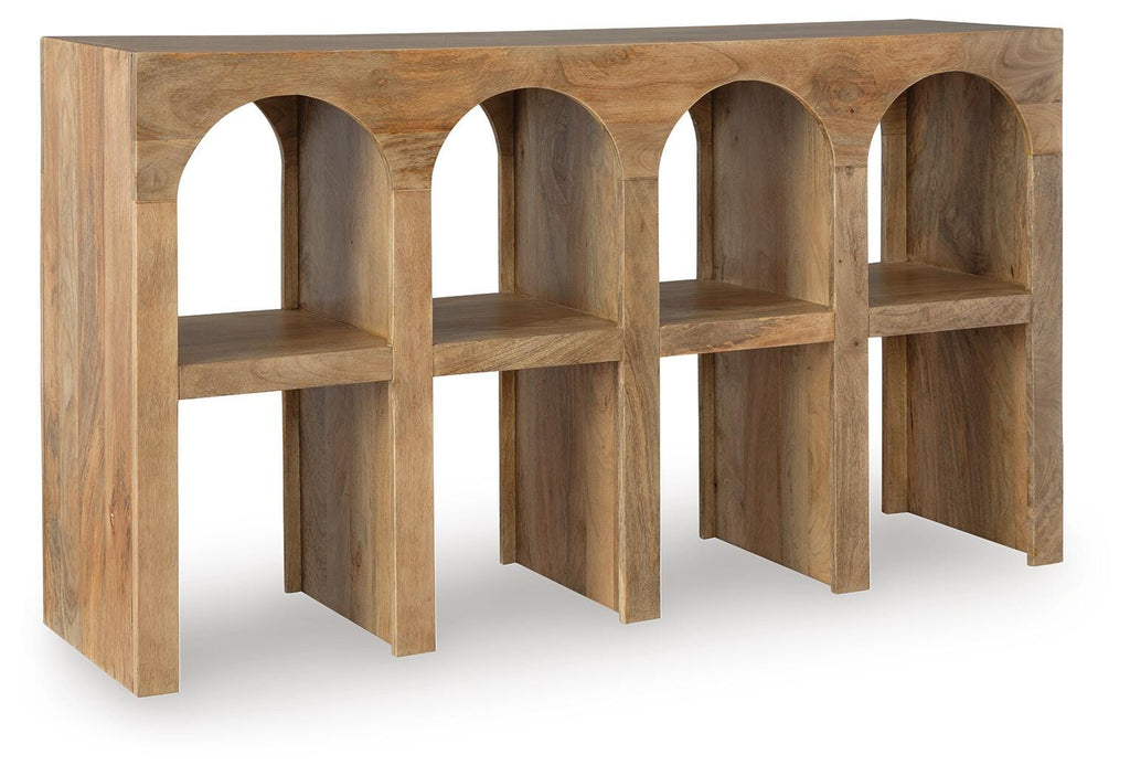 Luzmanacy Console Sofa Table in Natural Brown, angle view