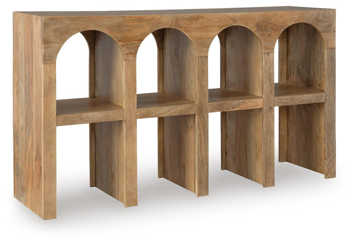 Luzmanacy Console Sofa Table in Natural Brown, angle view