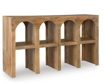 Luzmanacy Console Sofa Table in Natural Brown, angle view