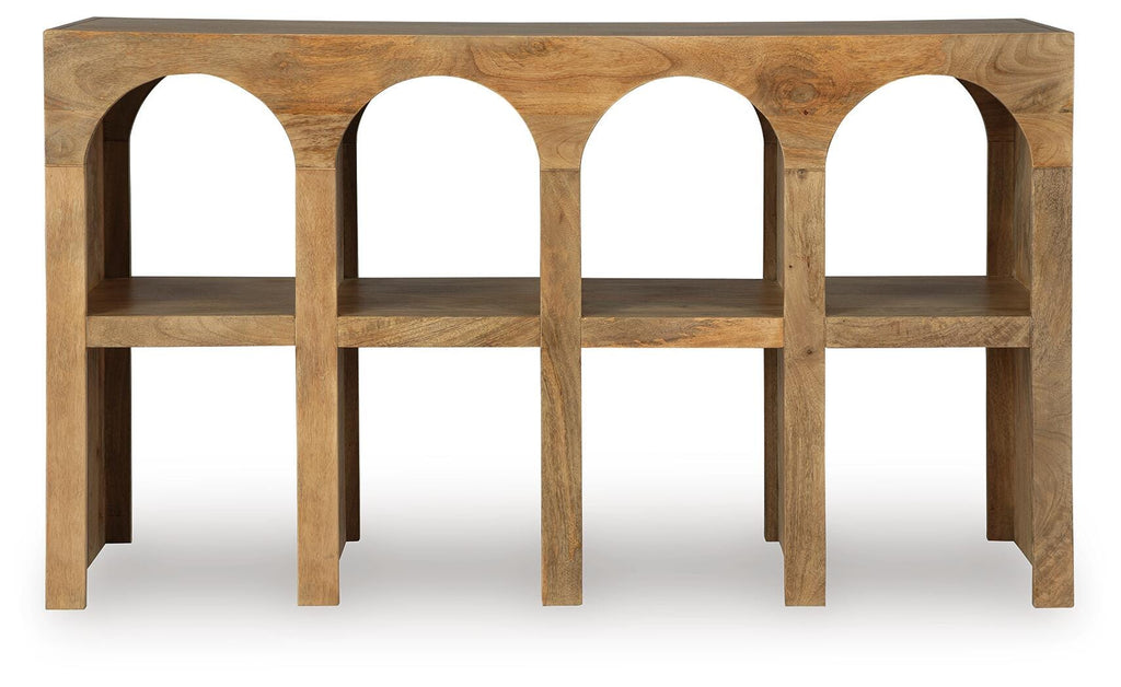 Luzmanacy Console Sofa Table in Natural Brown, front view