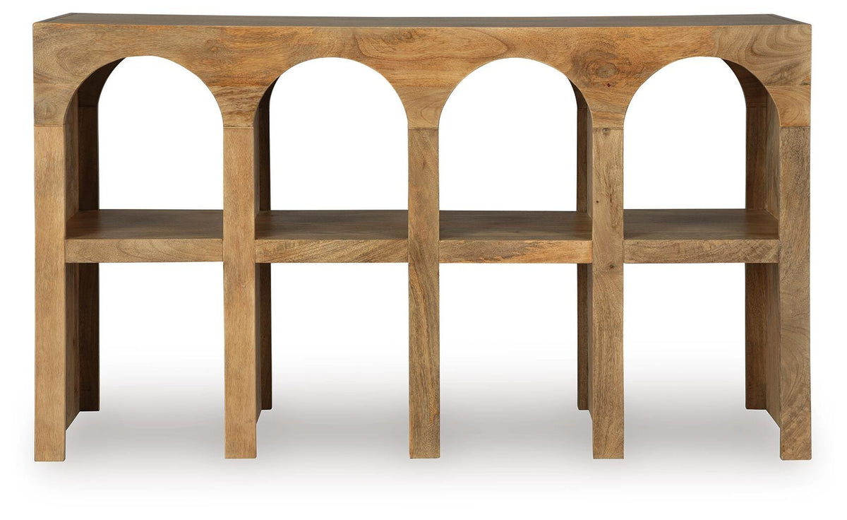 Luzmanacy Console Sofa Table in Natural Brown, front view