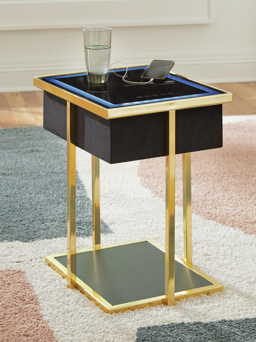 Rexwell Accent Table with Speaker in Black/Gold Finish, lifestyle view