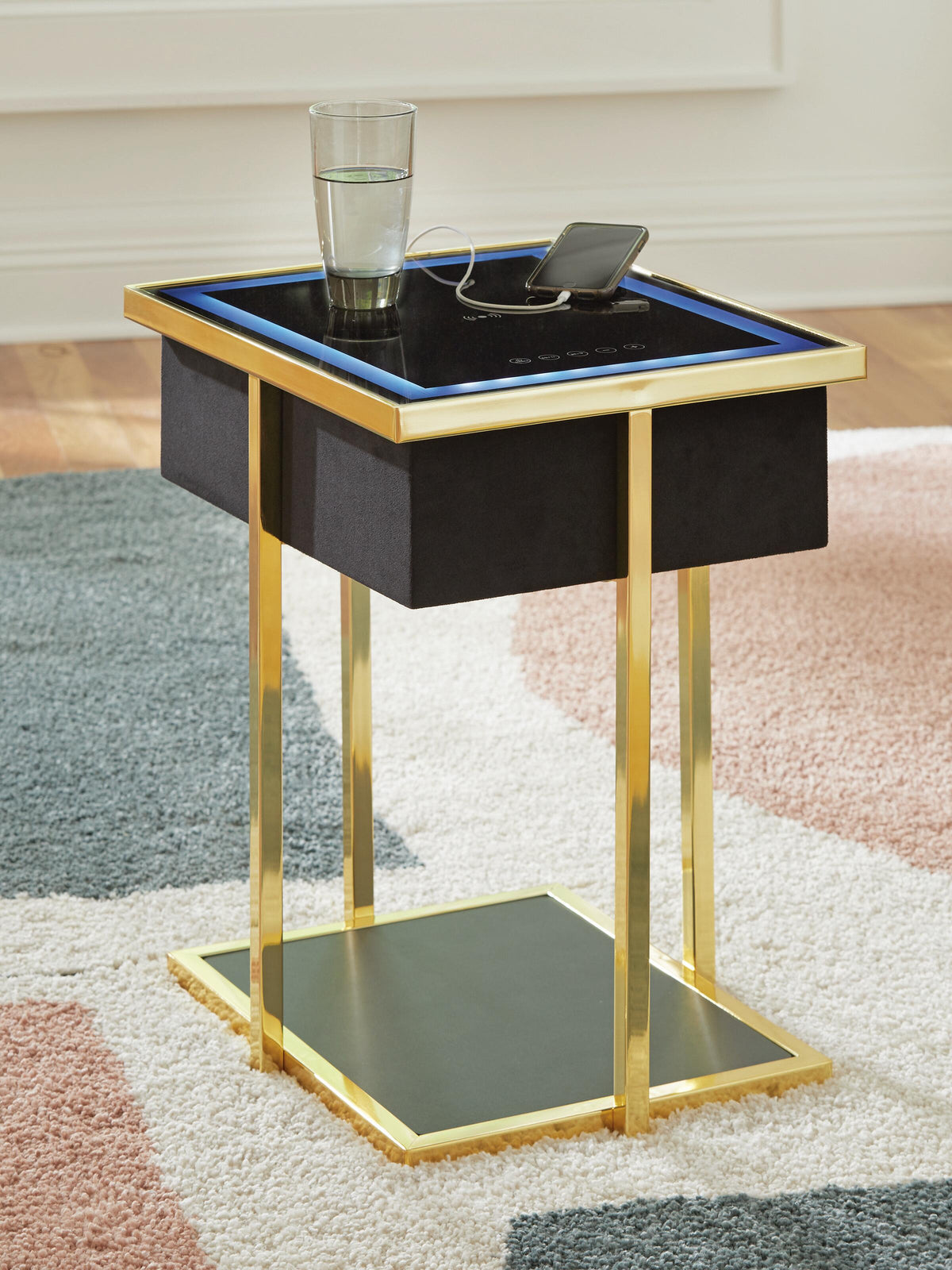 Rexwell Accent Table with Speaker in Black/Gold Finish, lifestyle view