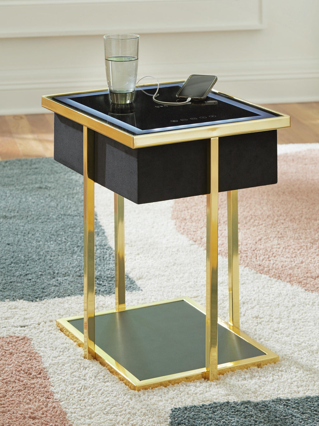 Rexwell Accent Table with Speaker in Black/Gold Finish, lifestyle view