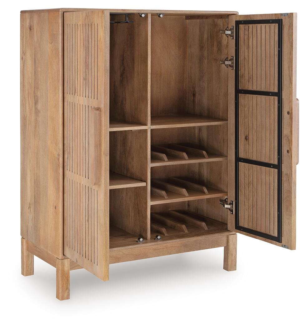 Pellamour Bar Cabinet in Natural Brown, open view