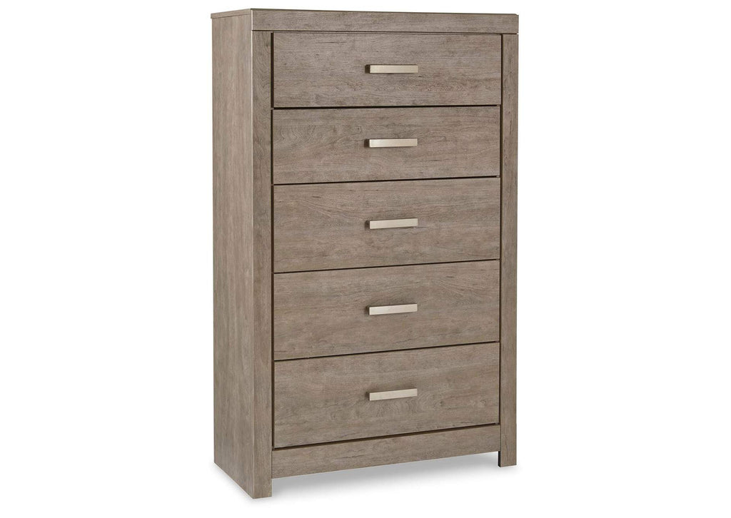 Culverbach Queen Panel Bed with Mirrored Dresser, Chest and 2 Nightstands angled view