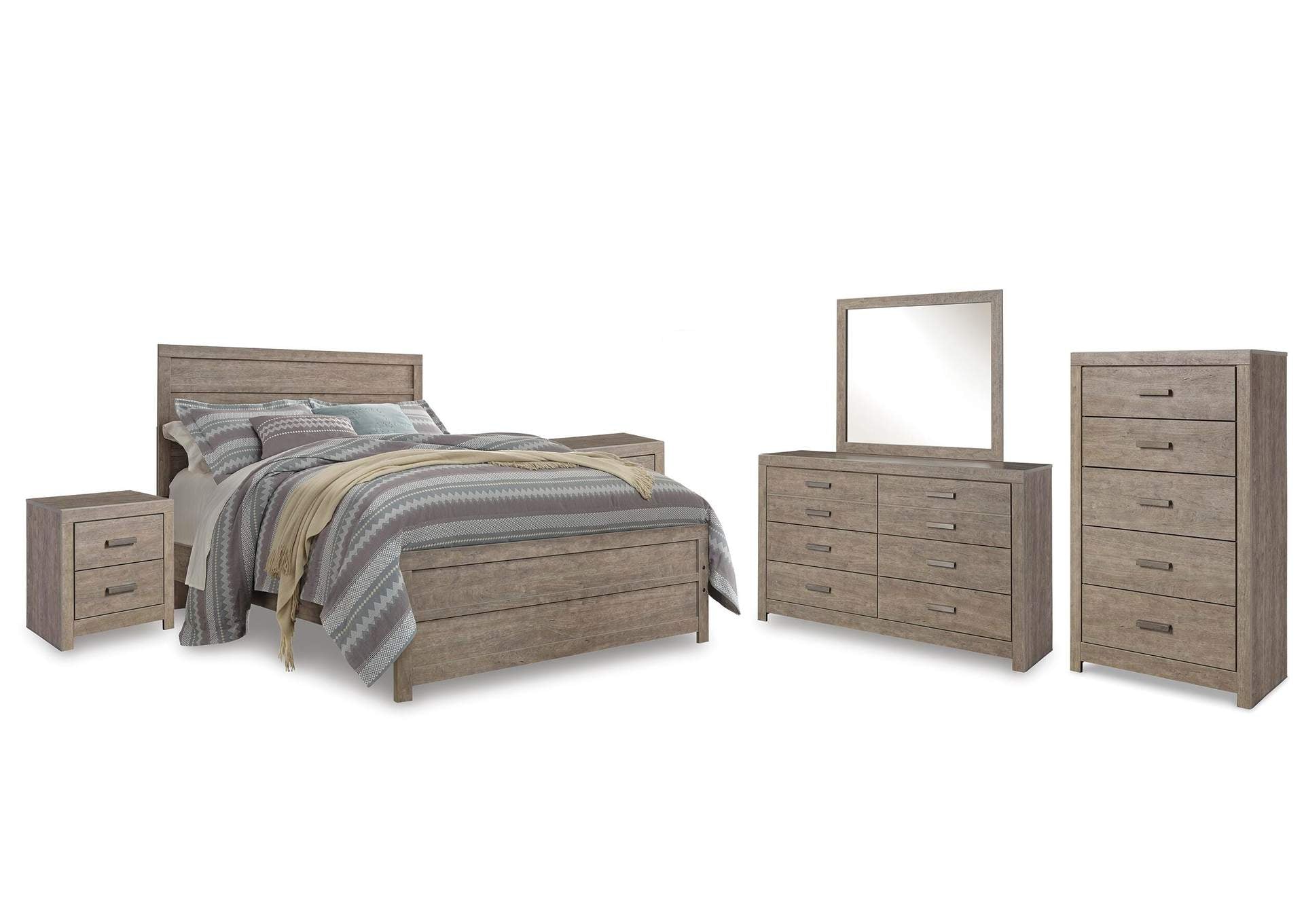 Culverbach Queen Panel Bed with Mirrored Dresser, Chest and 2 Nightstands