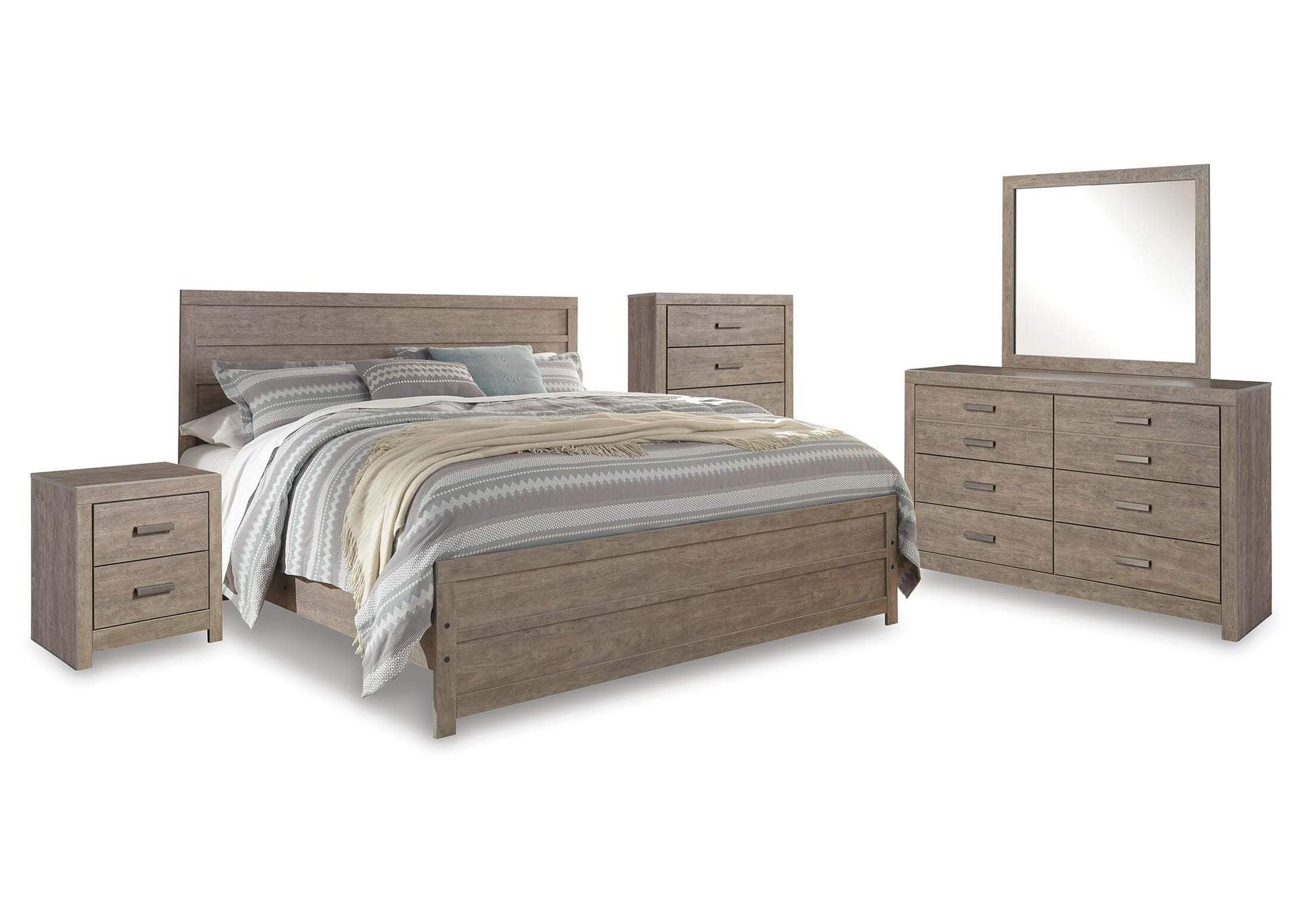Culverbach King Panel Bed with Mirrored Dresser, Chest and Nightstand