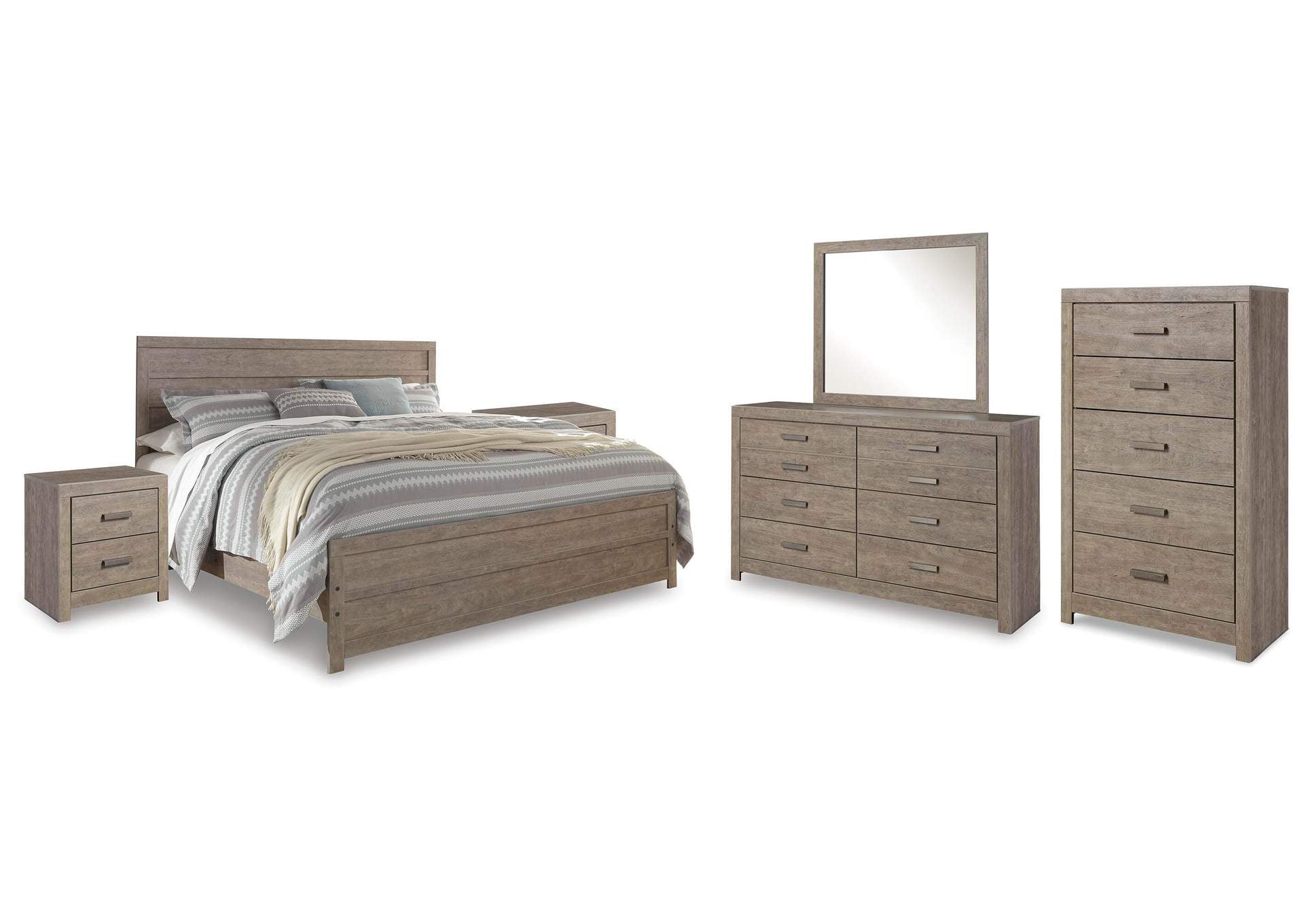 Culverbach King Panel Bed with Mirrored Dresser, Chest and 2 Nightstands