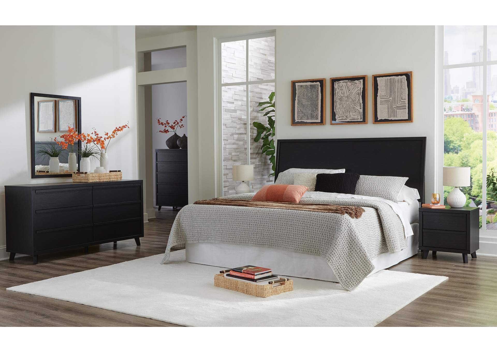 Danziar King Panel Headboard with Mirrored Dresser, Chest and Nightstand