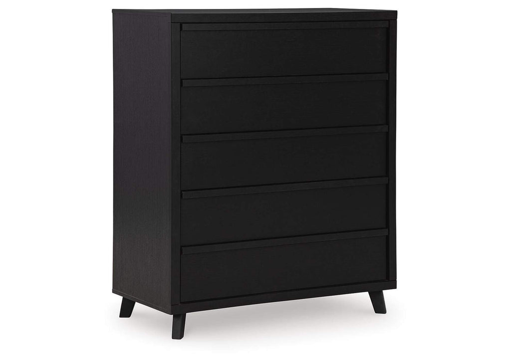 Danziar King Panel Bed with Mirrored Dresser, Chest and Nightstand angled view