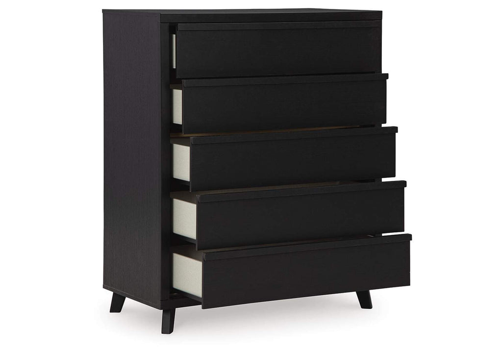 Danziar King Panel Bed with Mirrored Dresser, Chest and Nightstand angled view