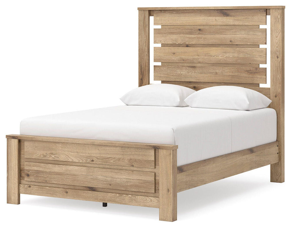 Brozmont Full Panel Platform Bed in Tan, angle view