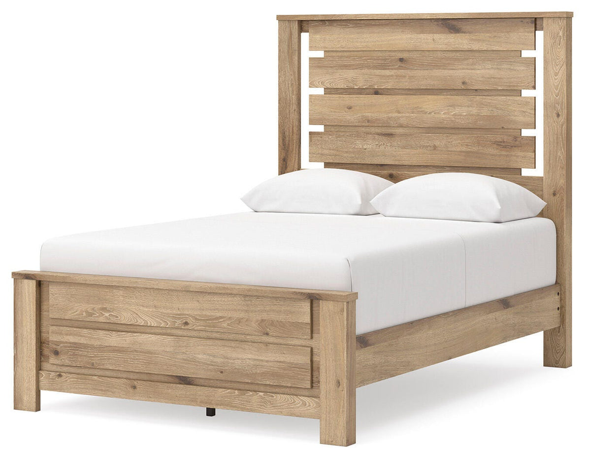 Brozmont Full Panel Platform Bed in Tan, angle view