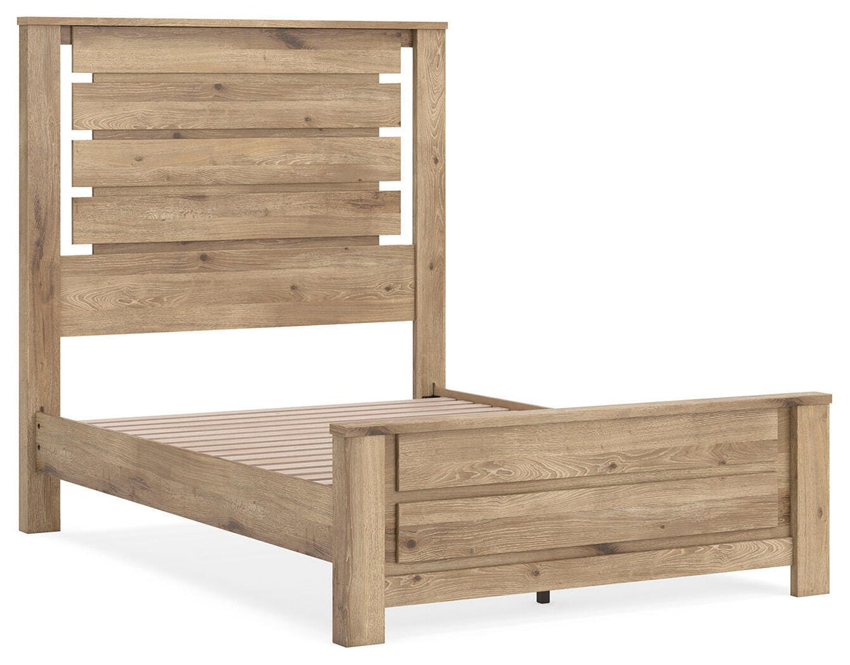 Brozmont Full Panel Platform Bed in Tan, angle view
