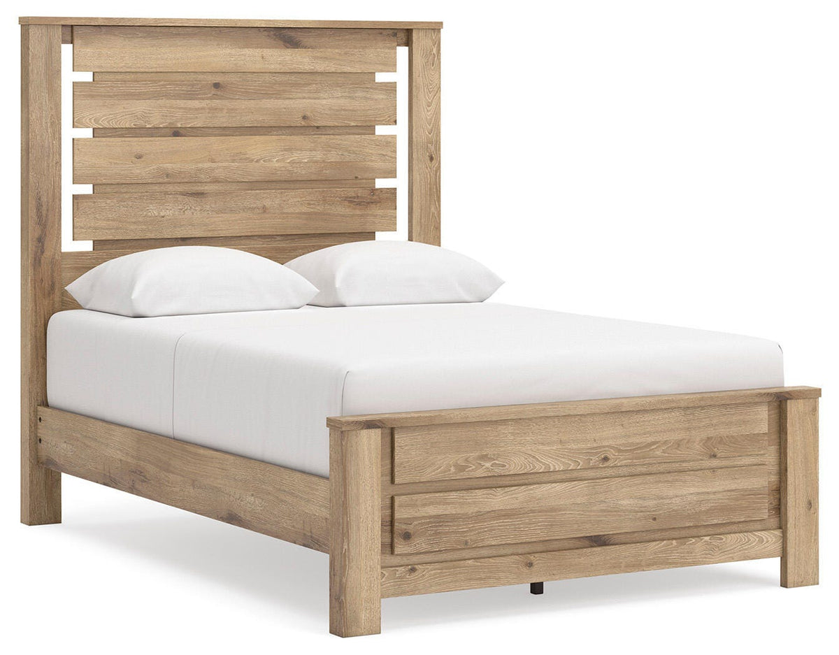 Brozmont Full Panel Platform Bed in Tan, angle view