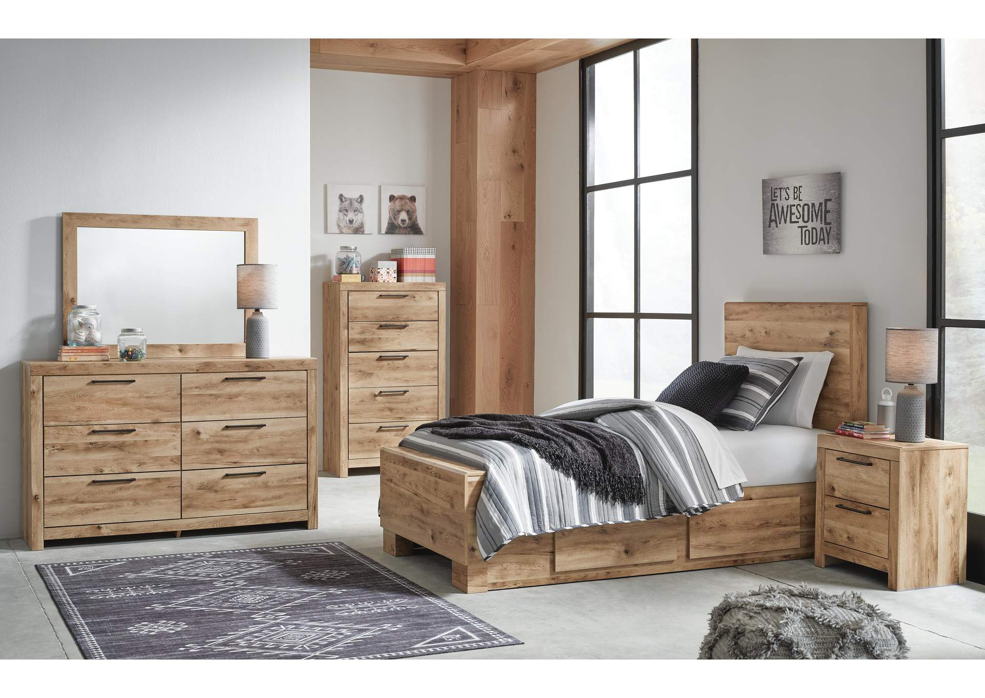 Hyanna Twin Panel Bed with Storage with Mirrored Dresser and Chest