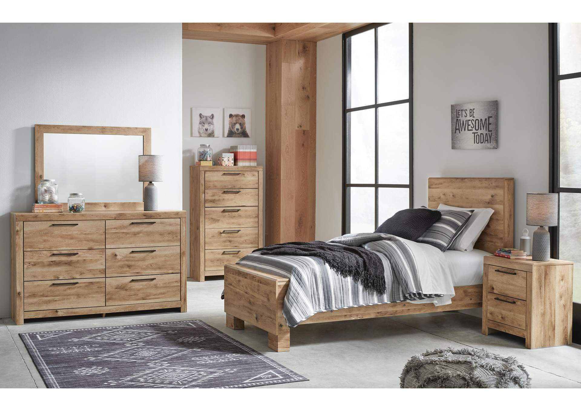 Hyanna Twin Panel Bed with Mirrored Dresser, Chest and 2 Nightstands