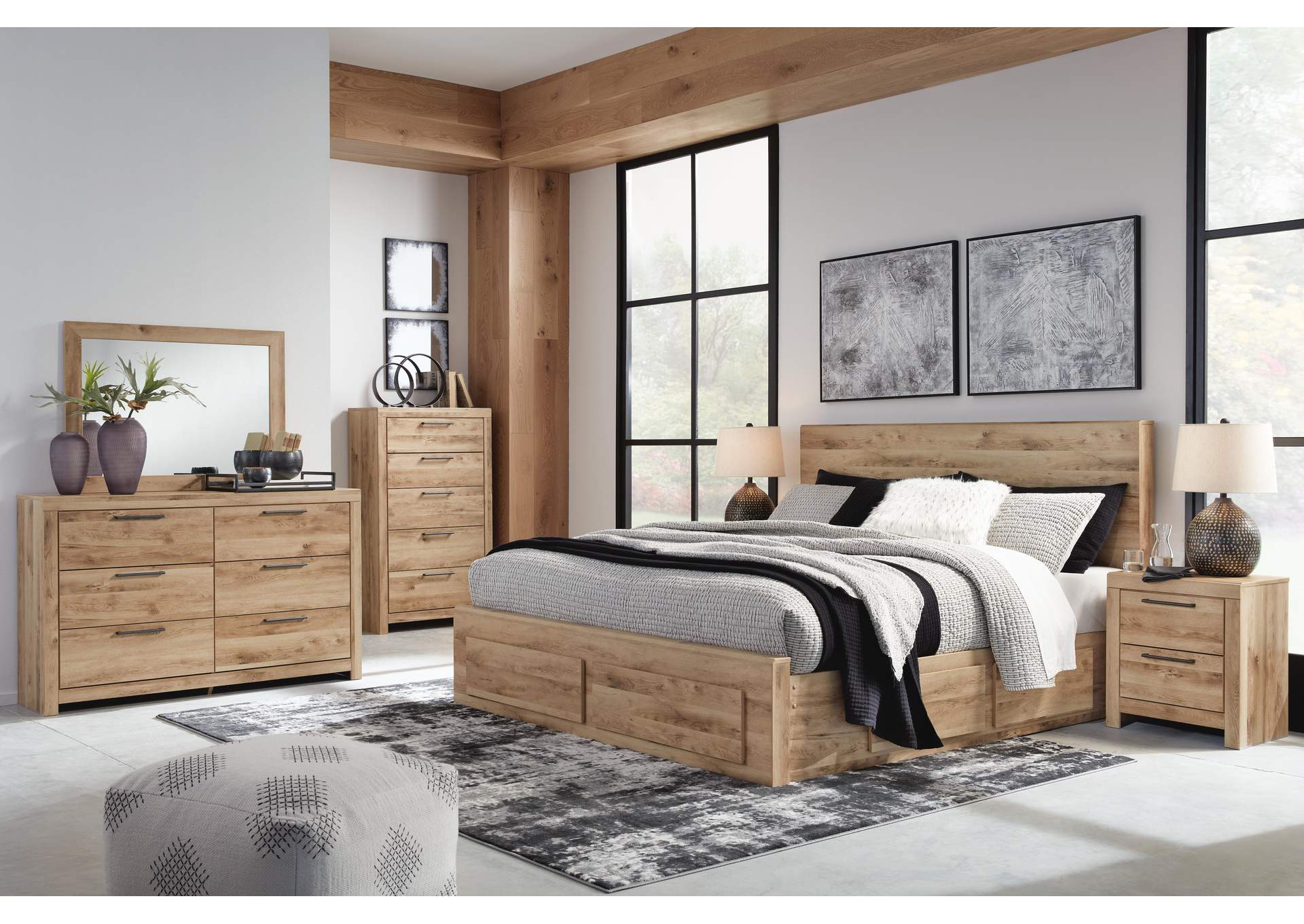 Hyanna King Panel Storage Bed with Mirrored Dresser