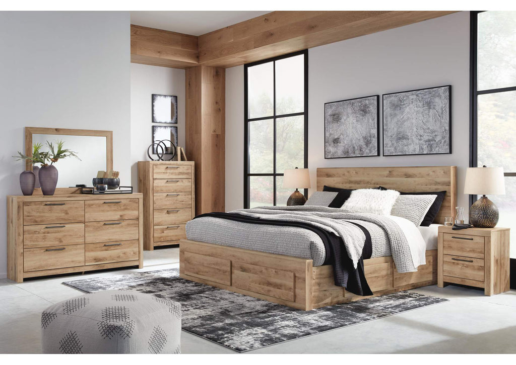 Hyanna King Panel Storage Bed with Mirrored Dresser and 2 Nightstands