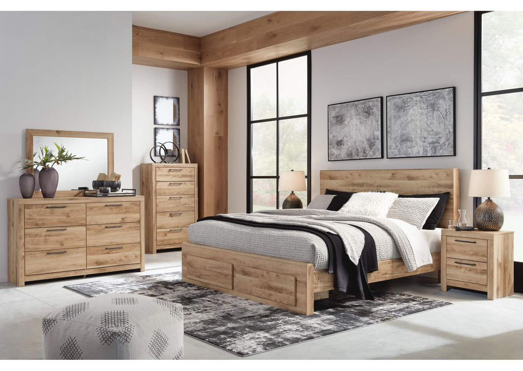 Hyanna King Panel Storage Bed with Mirrored Dresser and Chest
