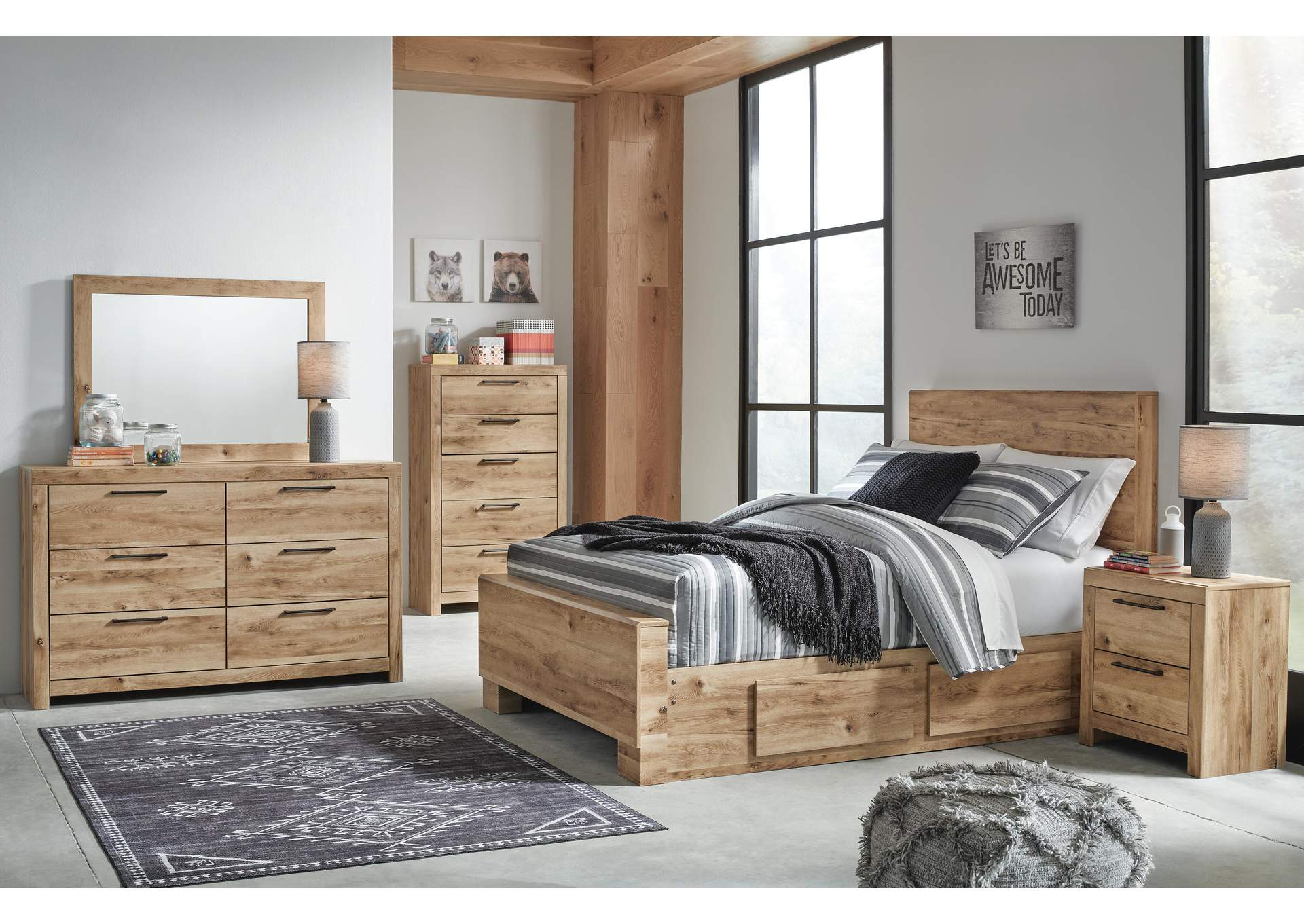 Hyanna Full Panel Bed with Storage with Mirrored Dresser and Chest