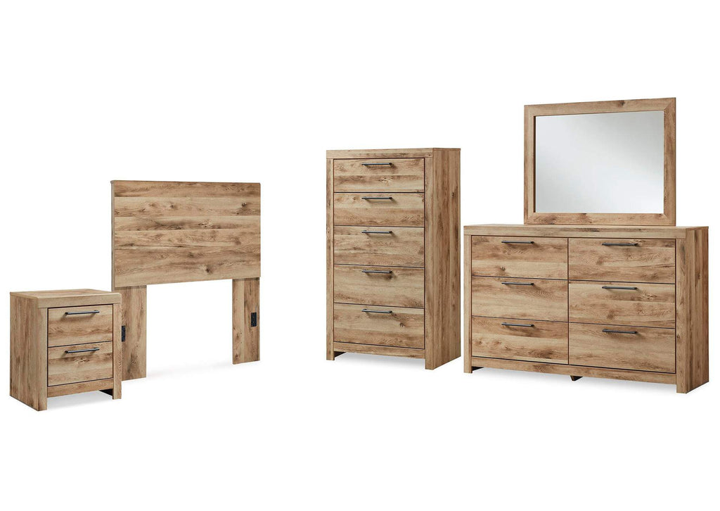 Hyanna Twin Panel Headboard with Mirrored Dresser, Chest and Nightstand