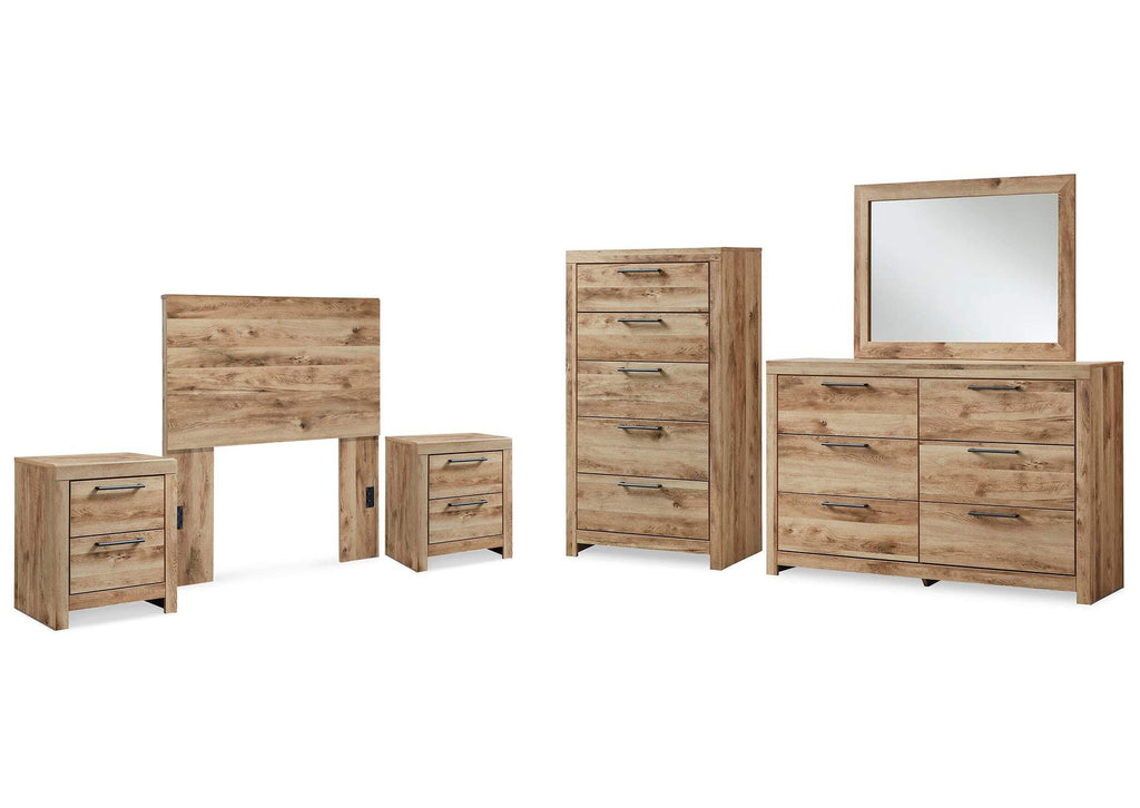 Hyanna Twin Panel Headboard with Mirrored Dresser, Chest and 2 Nightstands