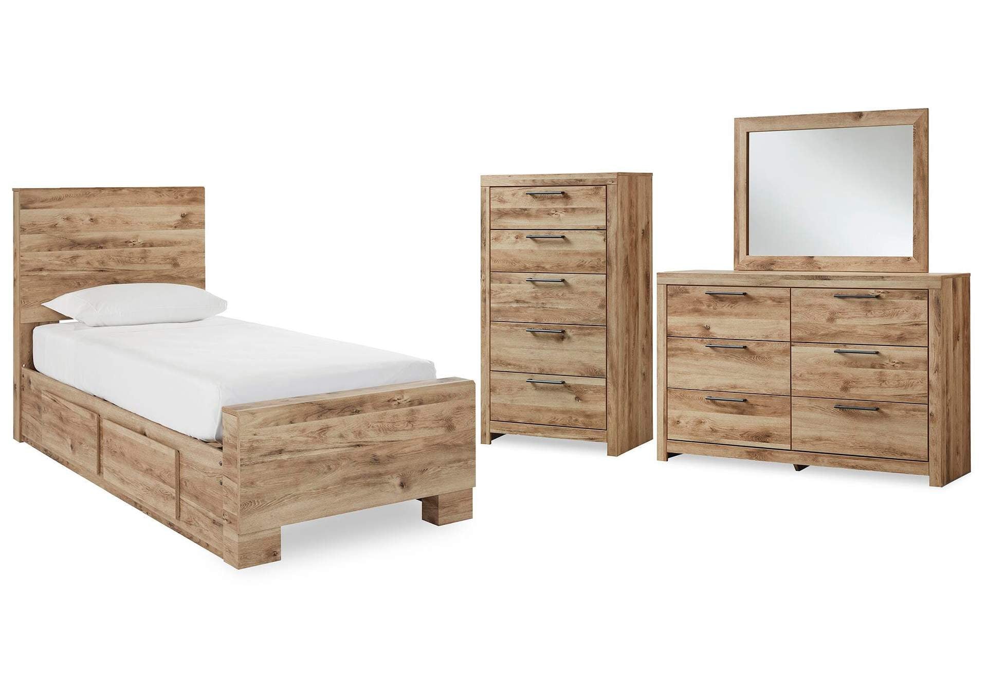 Hyanna Twin Panel Bed with Storage with Mirrored Dresser and Chest
