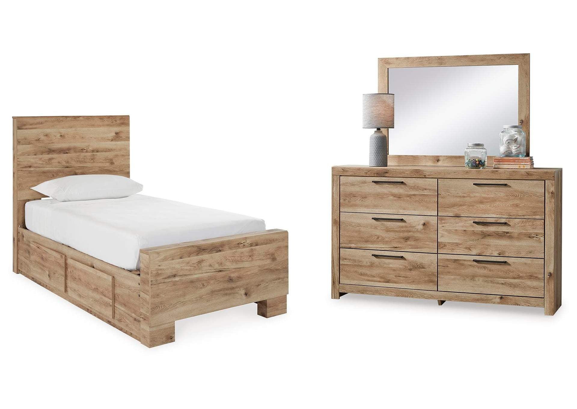 Hyanna Twin Panel Bed with Storage with Mirrored Dresser