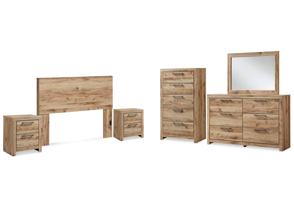 Hyanna Queen Panel Headboard with Mirrored Dresser, Chest and 2 Nightstands