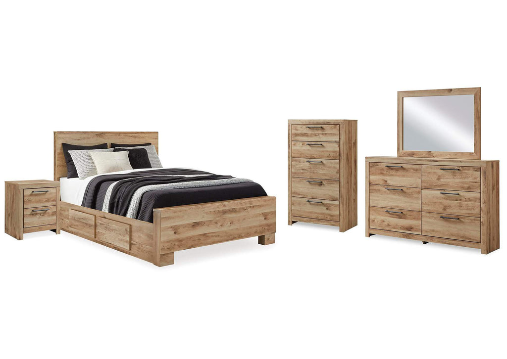 Hyanna Queen Panel Bed with Storage with Mirrored Dresser, Chest and Nightstand