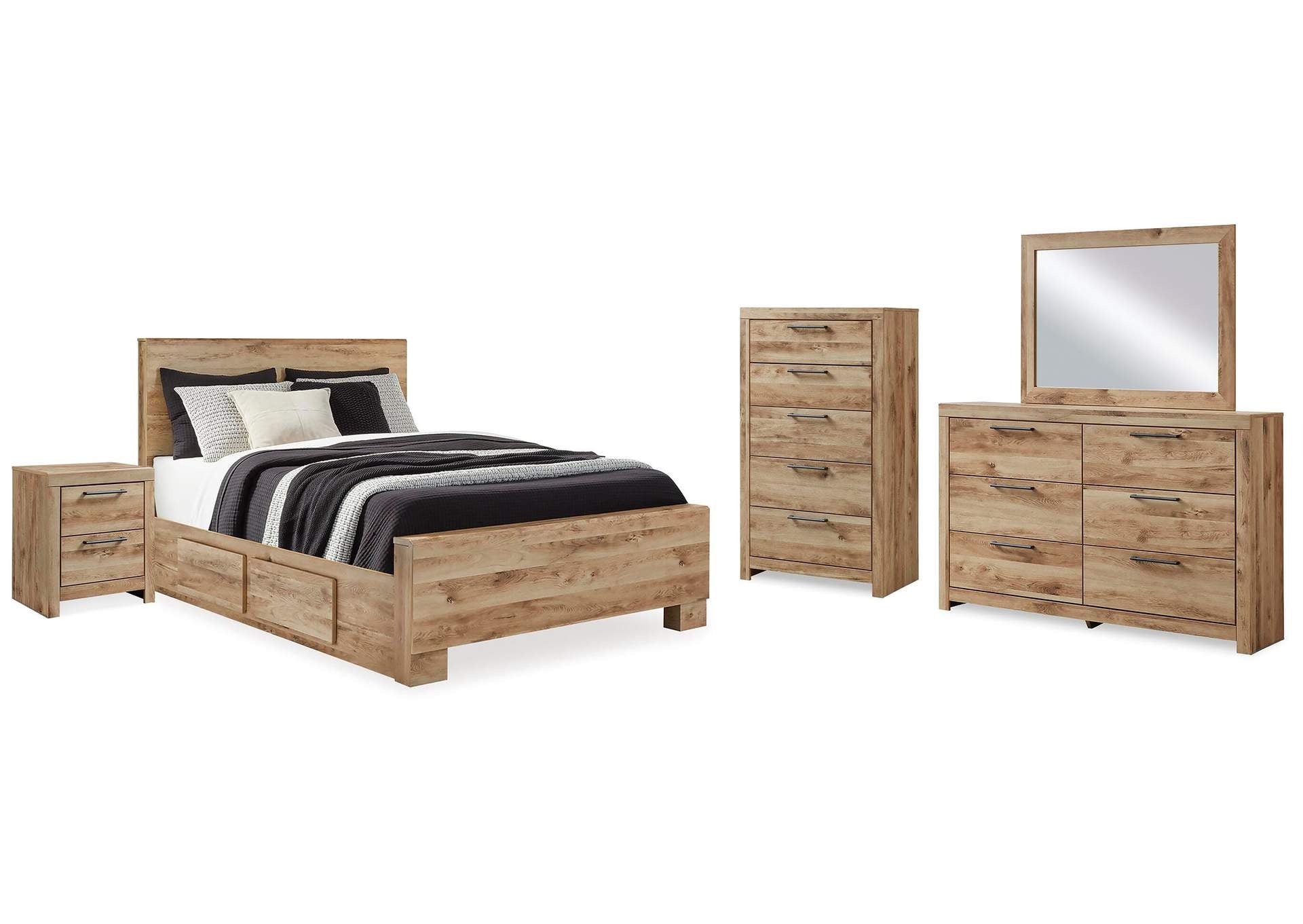 Hyanna Queen Panel Bed with Storage with Mirrored Dresser, Chest and Nightstand