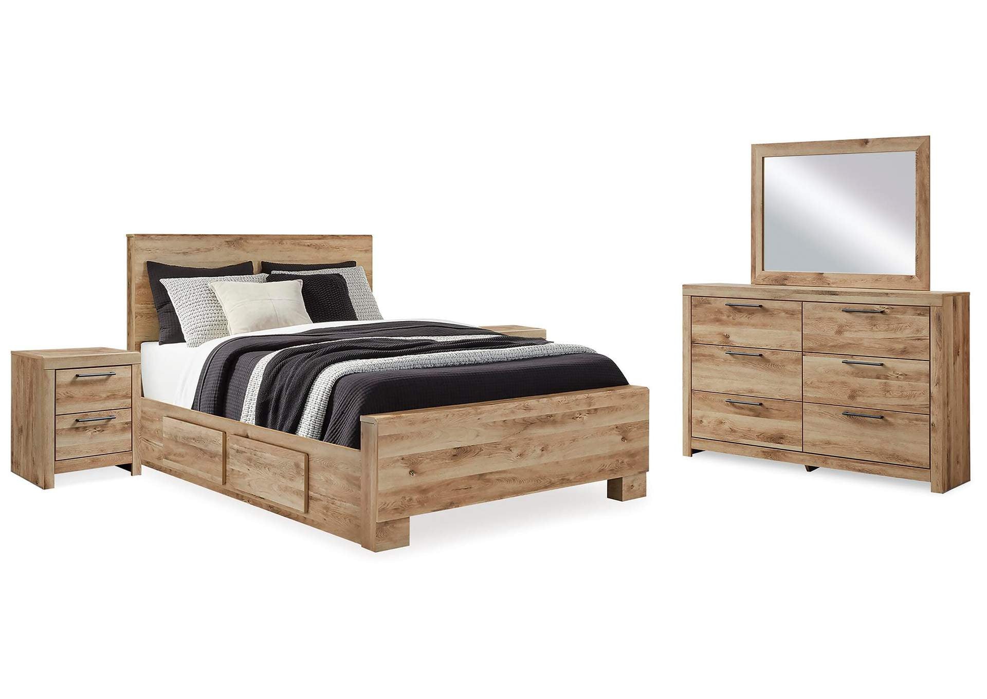 Hyanna Queen Panel Bed with Storage with Mirrored Dresser and 2 Nightstands