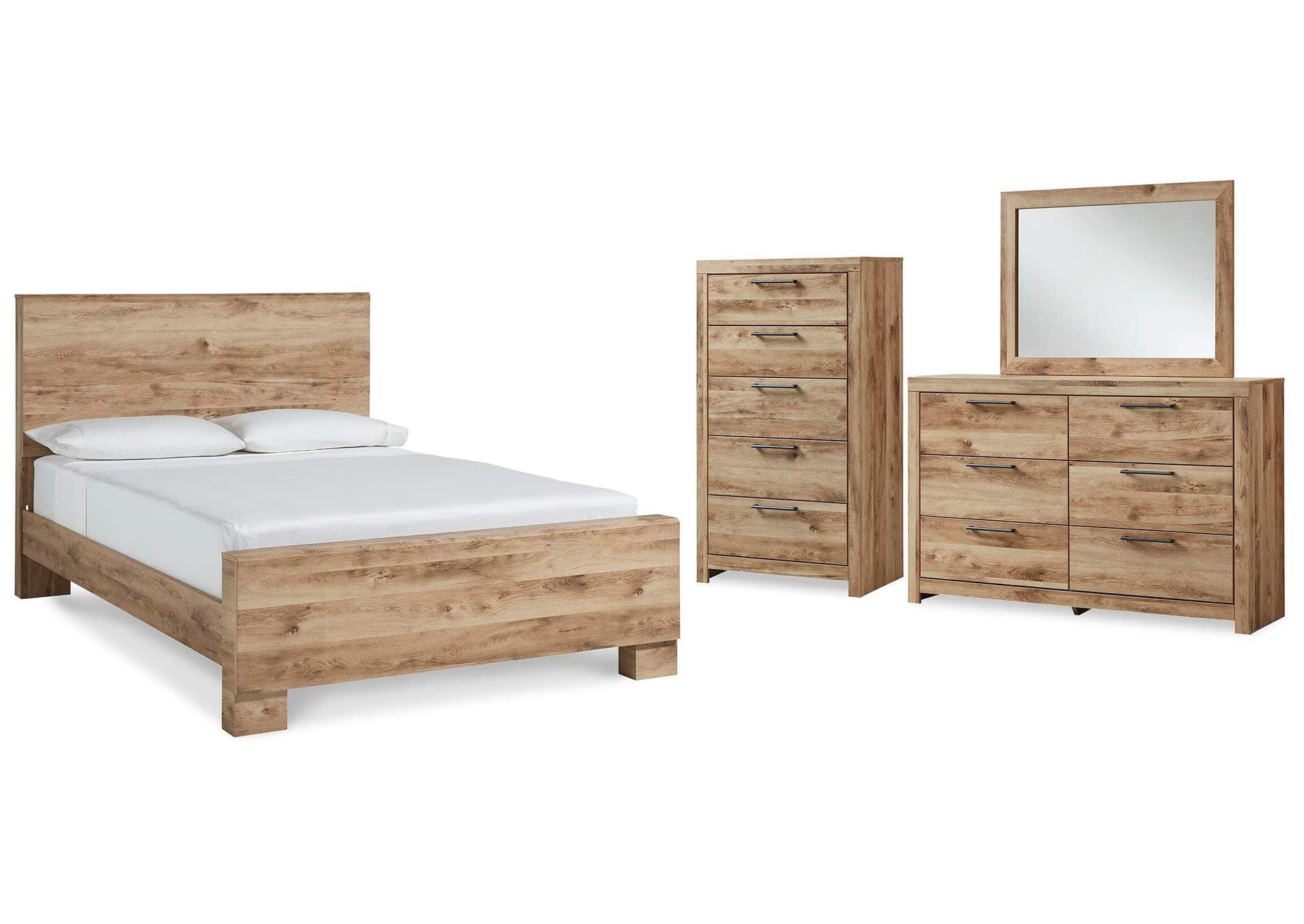 Hyanna Queen Panel Bed with Mirrored Dresser and Chest