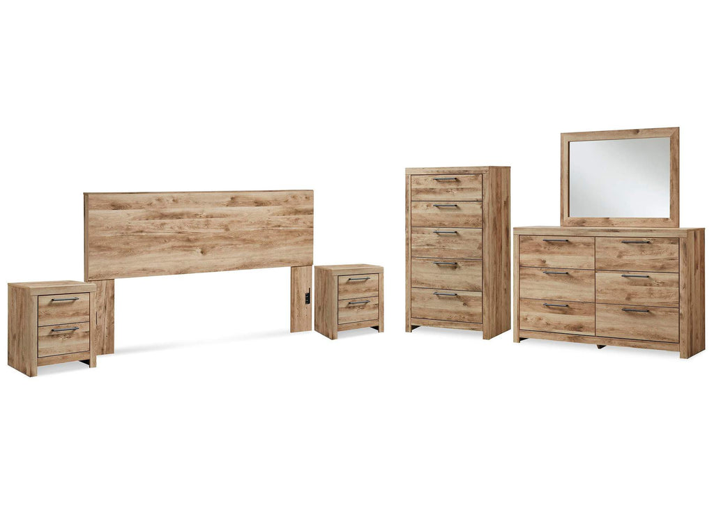 Hyanna King Panel Headboard with Mirrored Dresser, Chest and 2 Nightstands