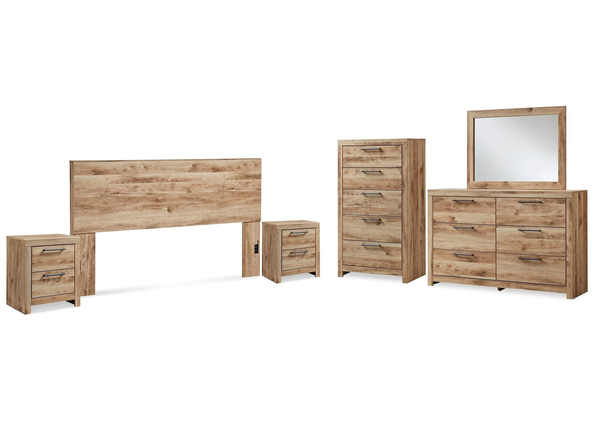 Hyanna King Panel Headboard with Mirrored Dresser, Chest and 2 Nightstands